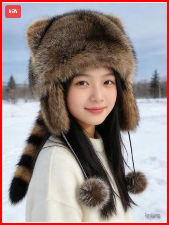 Faux Fur Raccoon Tail Animal Hat Winter Earflap Trapper Beanie for Women main image 5